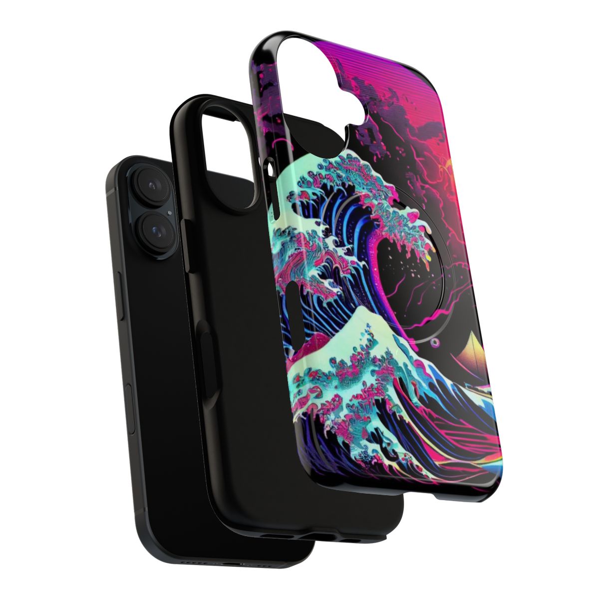 Retro Wave Phone Case with Katsushika Hokusai's 'The Great Wave off Kanagawa' in Synthwave, Vaporwave and Retrowave Styles - Layers