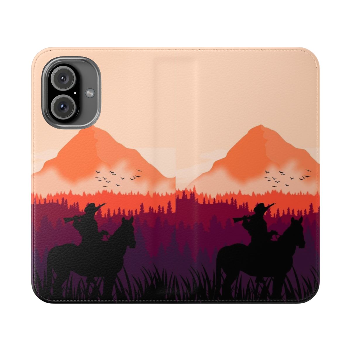 A phone case featuring a picturesque sunset landscape, reminiscent of the Red Dead Redemption 2 game world.