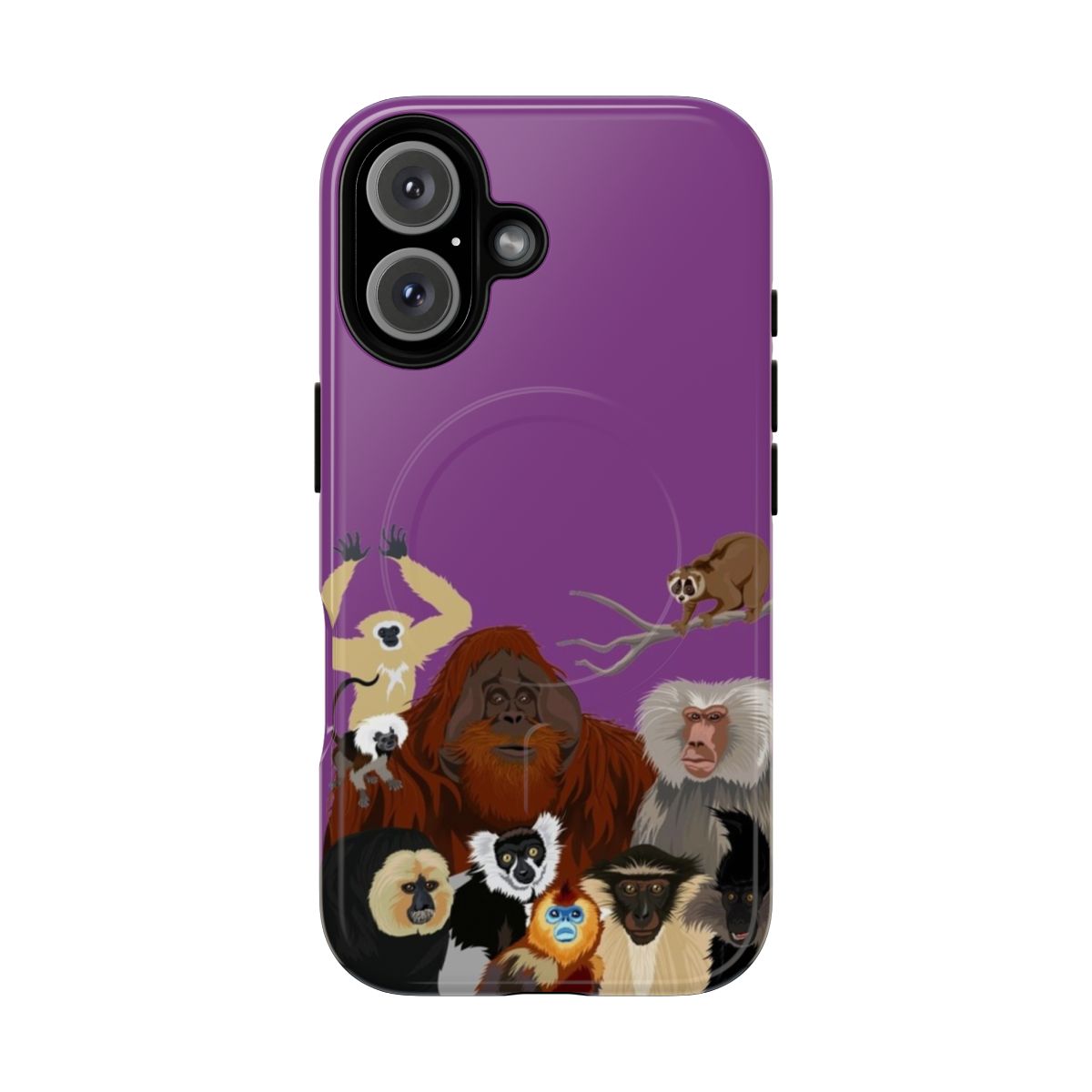 Colorful and durable phone case featuring a variety of primate species like apes, monkeys, and lemurs.