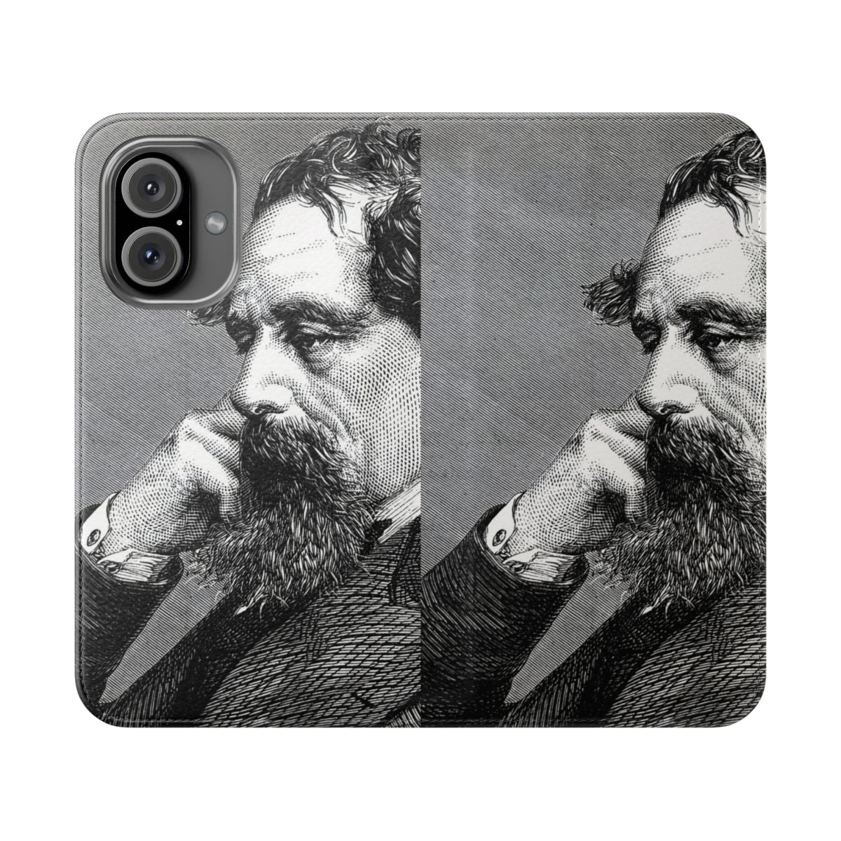 A vintage-inspired flip cover phone case featuring a portrait of the renowned author Charles Dickens.