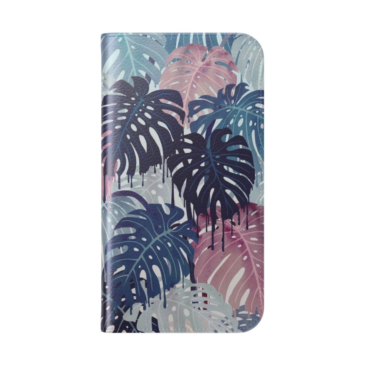 A flip cover phone case featuring a surreal, melted design of tropical monstera leaves in blue and pink. - Folded Back