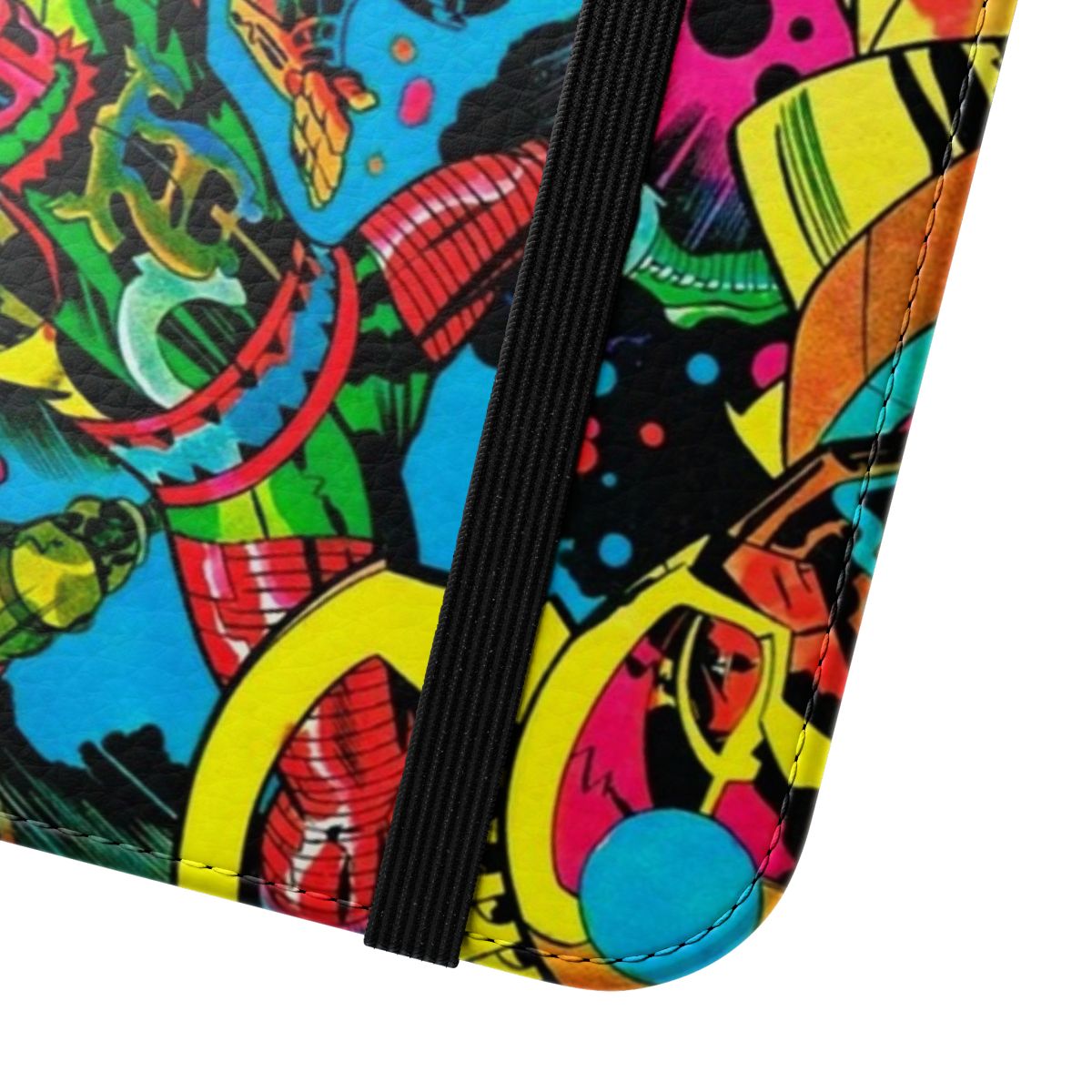 Colorful phone case with retro comic book inspired psychedelic superhero design - Close Up