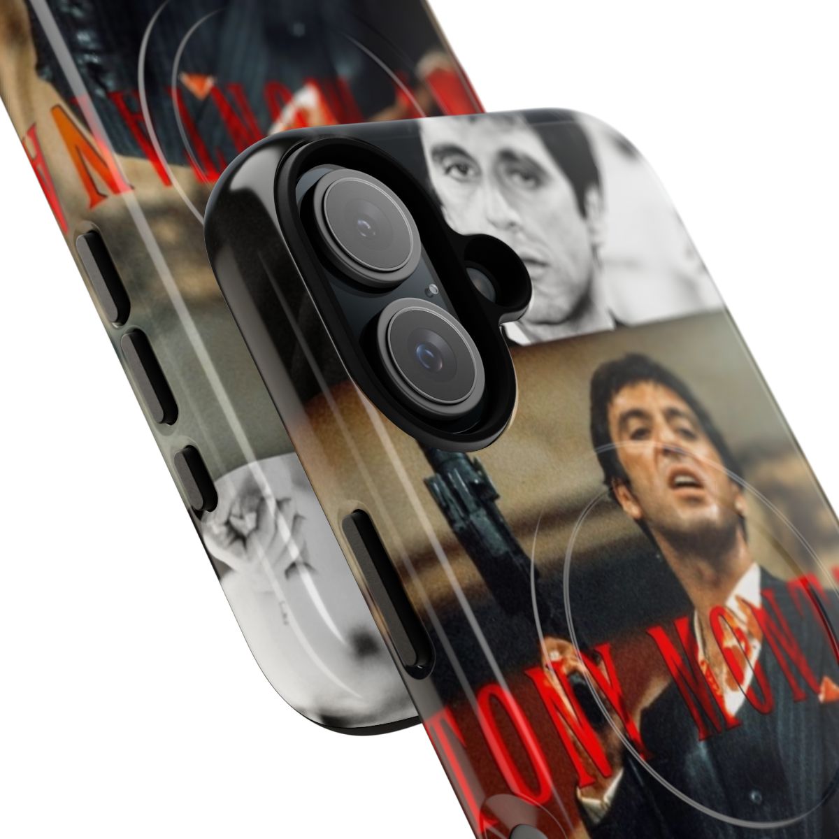 A tough, magnetic phone case inspired by the iconic film Scarface and featuring the character Tony Montana. - Detail