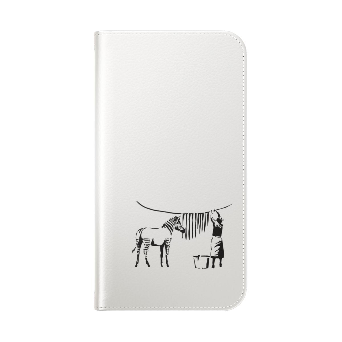 Banksy-inspired zebra graffiti phone case featuring black and white design - Folded Back