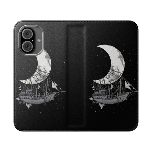 Flip cover phone case with a black and white design featuring a crescent moon and spaceship against a starry background.