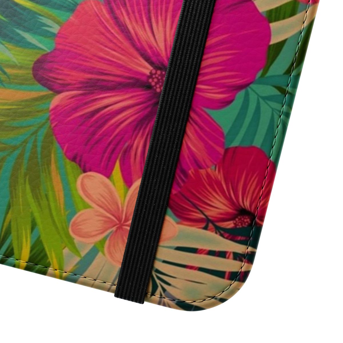 Tropical floral and botanical phone case cover with vibrant sunset beach pattern - Close Up