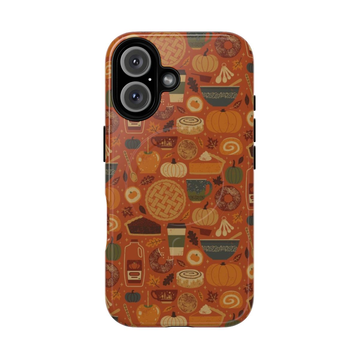 Pumpkin spice-themed phone case with a magnetic tough design