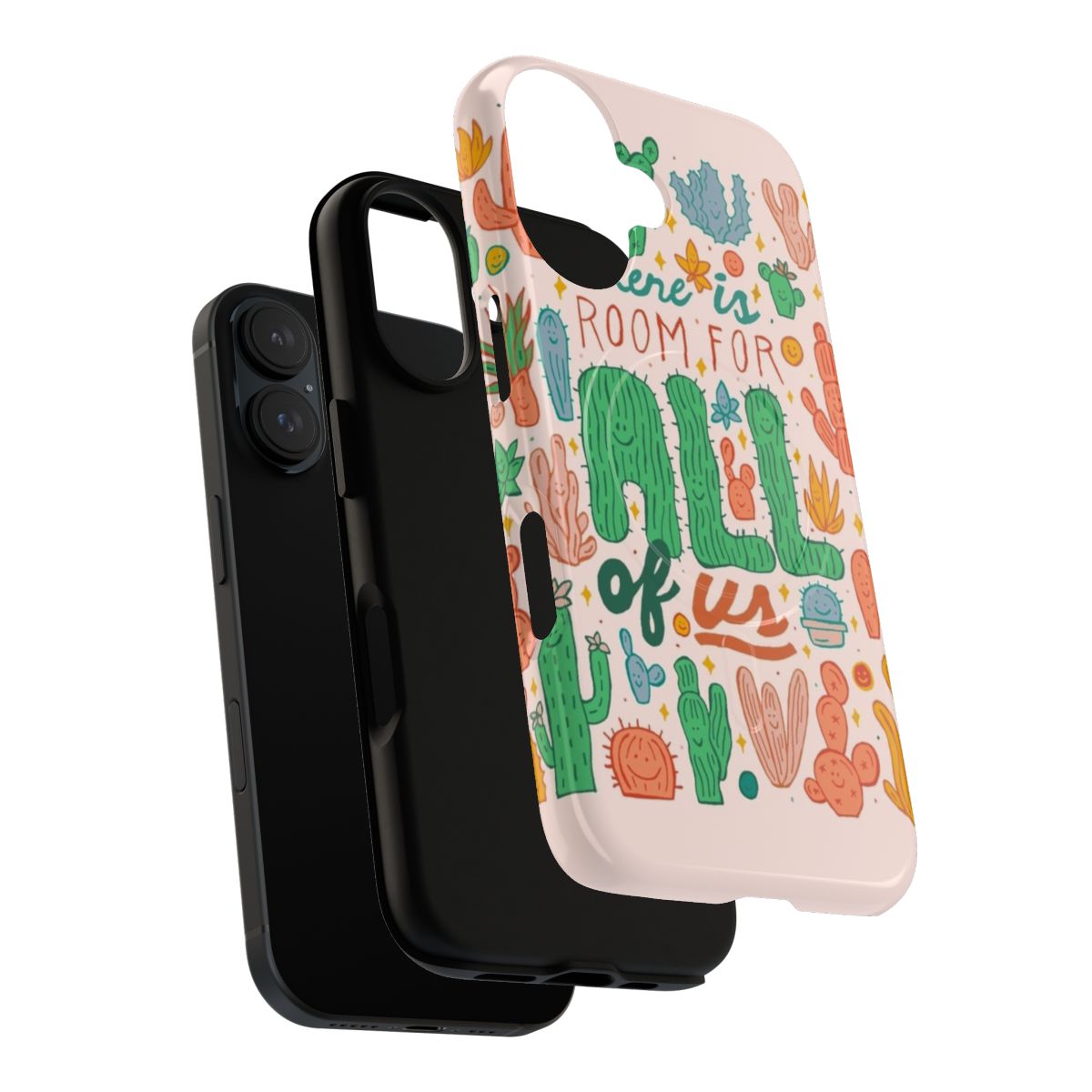 Vibrant phone case with a desert-themed botanical design featuring cacti, succulents, and other desert plants. - Layers