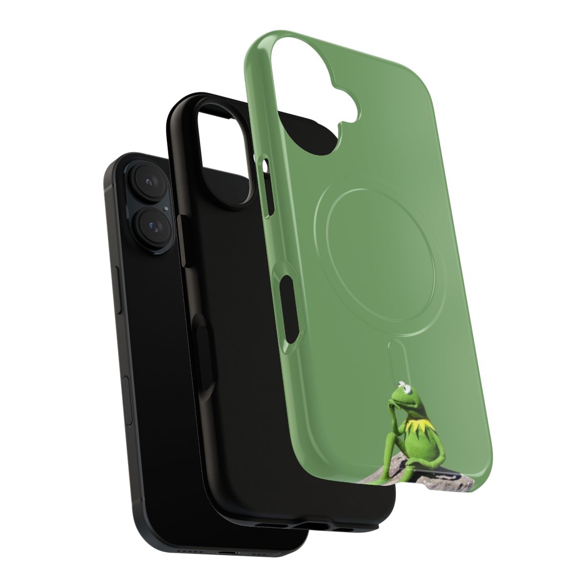 Magnetic tough phone case featuring a green frog in a thinking pose, inspired by the Kermit the Frog meme. - Layers