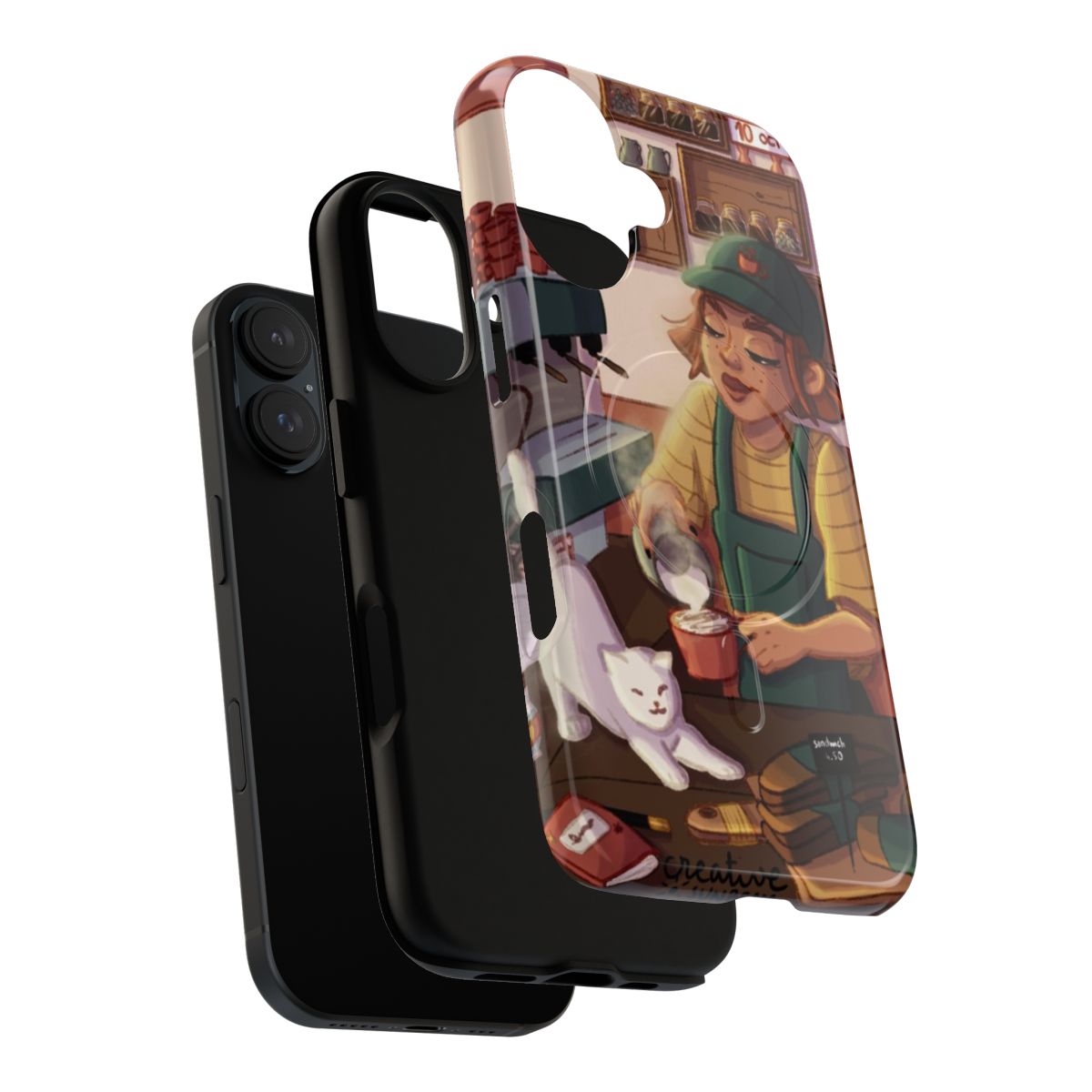 "Whimsical phone case featuring a magical barista witch character in a cozy, autumnal style" - Layers