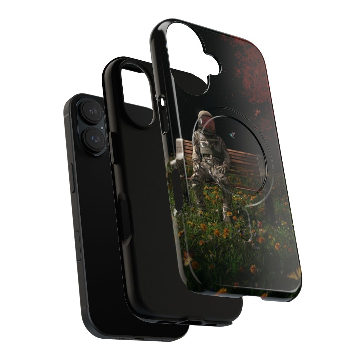 Cosmic and surreal nature-inspired magnetic tough phone case with images of astronauts, space, birds, flowers, and grass. - Layers