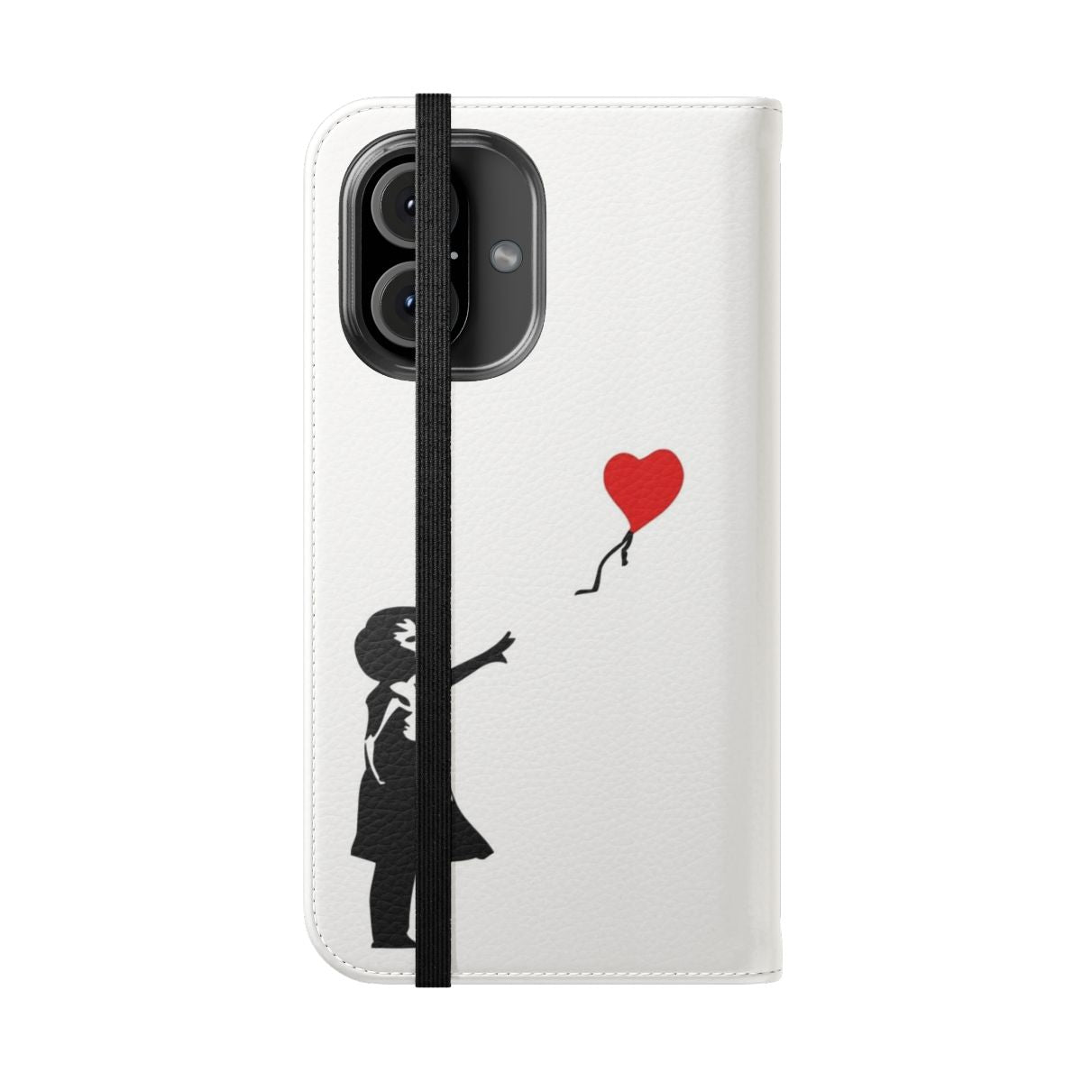 Banksy inspired flip cover phone case featuring the iconic Balloon Girl artwork - Folded Front