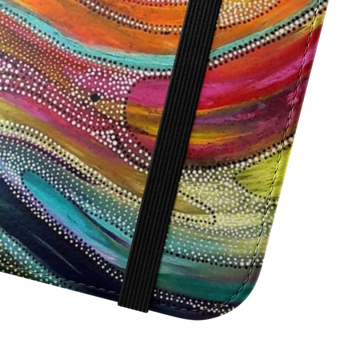 Vibrant abstract painting with Aboriginal-inspired mandala design on a flip phone case - Close Up