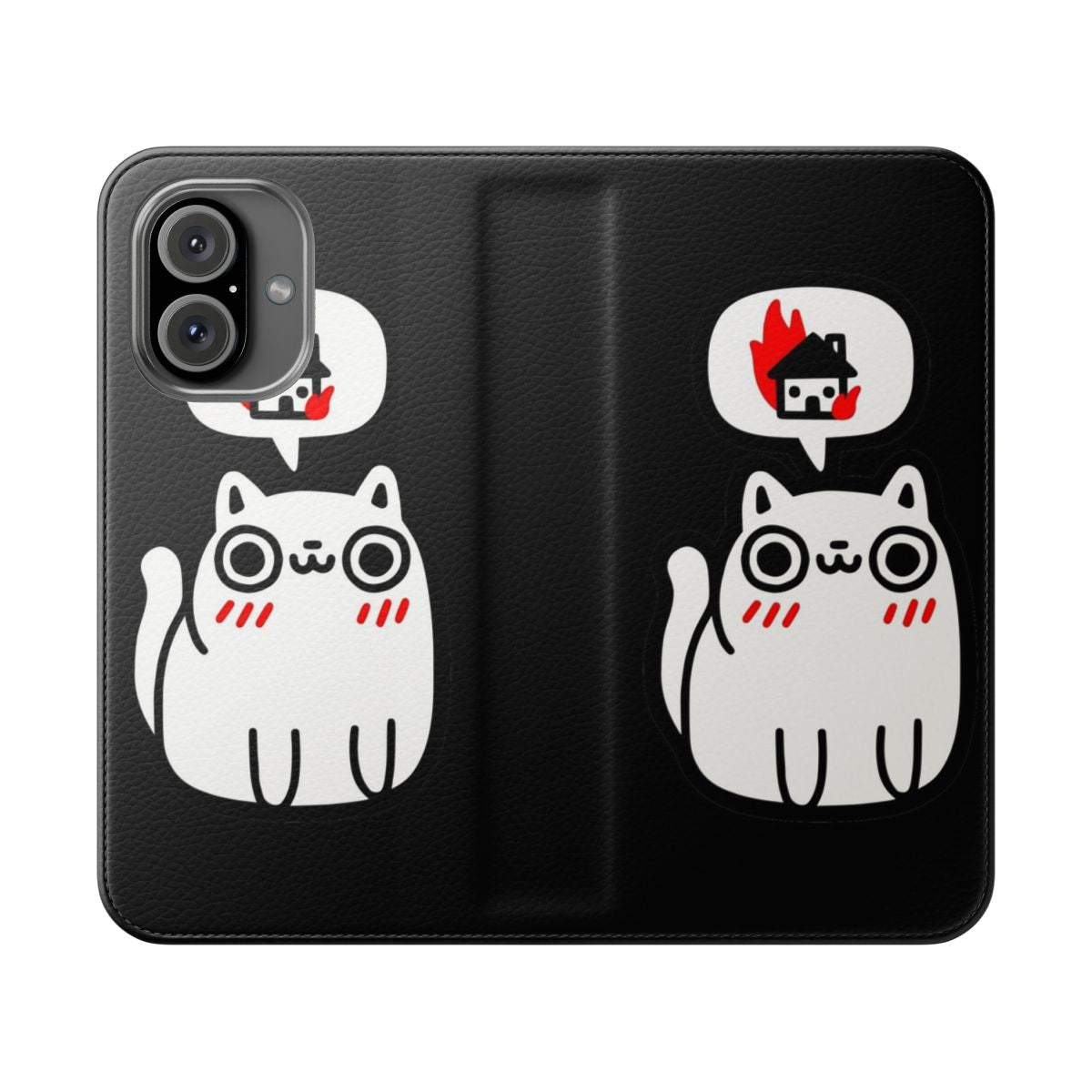 A flip cover phone case featuring a playful cat causing chaos and destruction