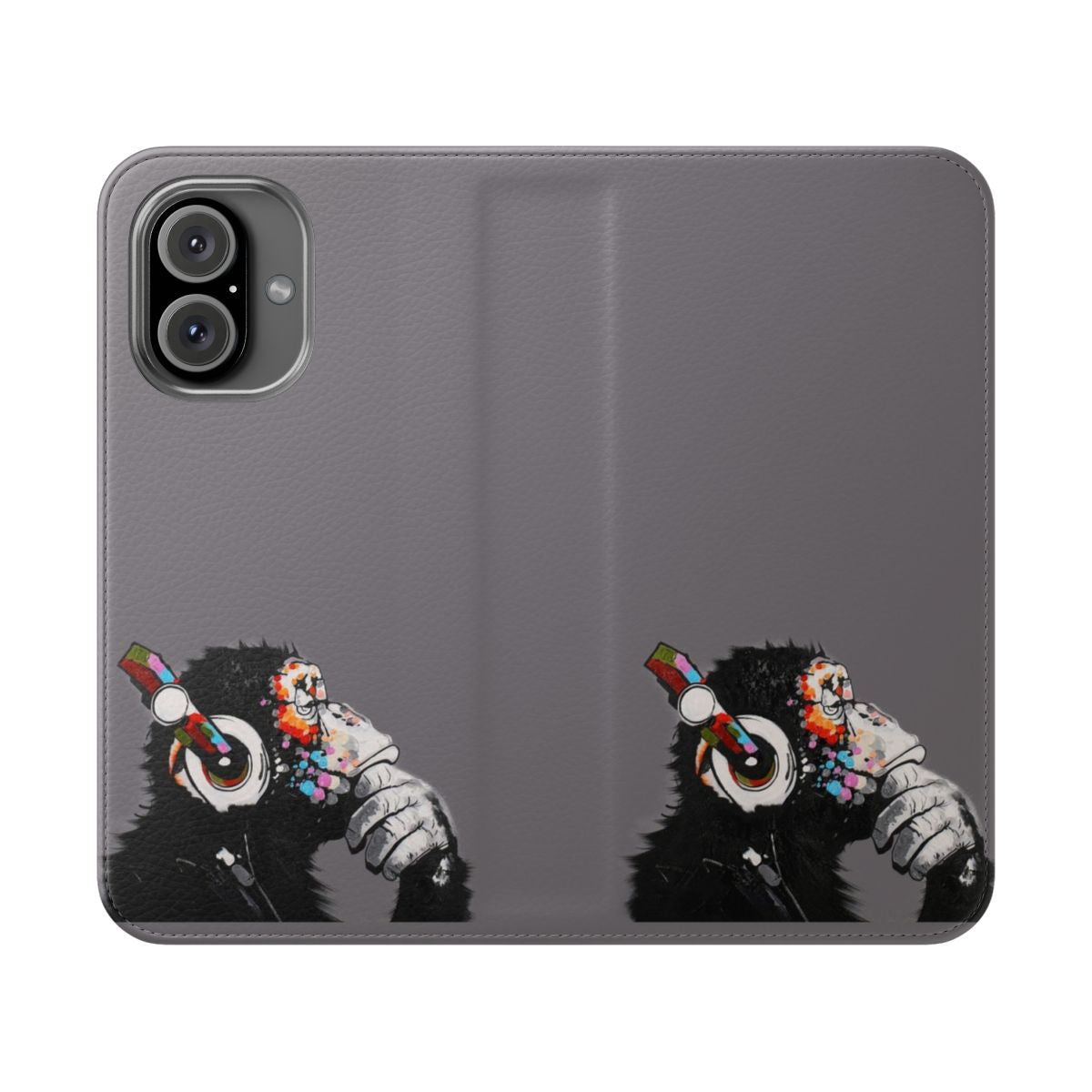 Vibrant phone case featuring a chimpanzee in a "thinker" pose, inspired by the artwork of Banksy.