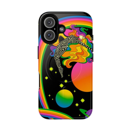 Colorful and psychedelic phone case with a cosmic, retro-futuristic design