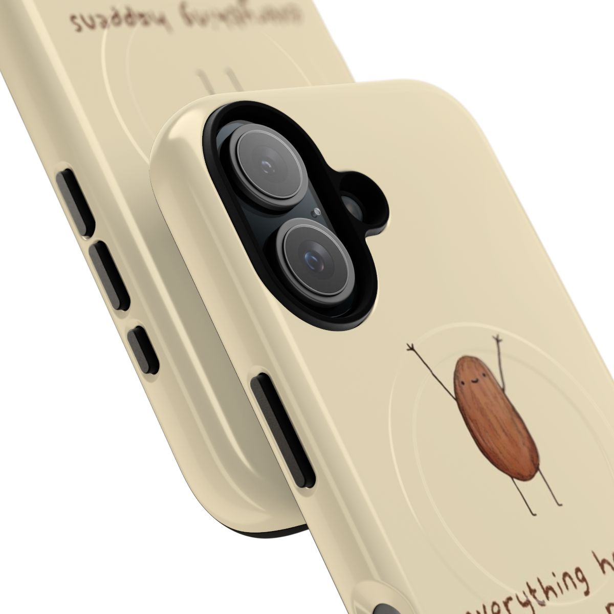 Magnetic tough phone case with the text "Everything Happens for a Raisin" in a fun, playful design. - Detail