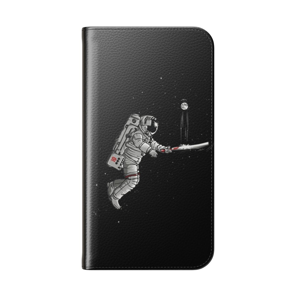 Space cricket-themed flip cover phone case with moon, astronaut, and planet design - Folded Back