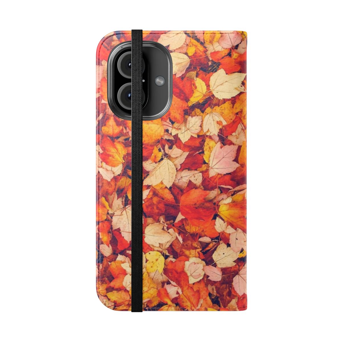 A stylish flip phone case featuring a vibrant autumn leaves design. - Folded Front