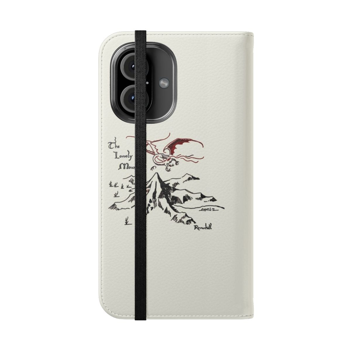 Flip cover phone case featuring a fantasy landscape with a dragon's hoard in a solitary mountain, inspired by the Lord of the Rings universe. - Folded Front