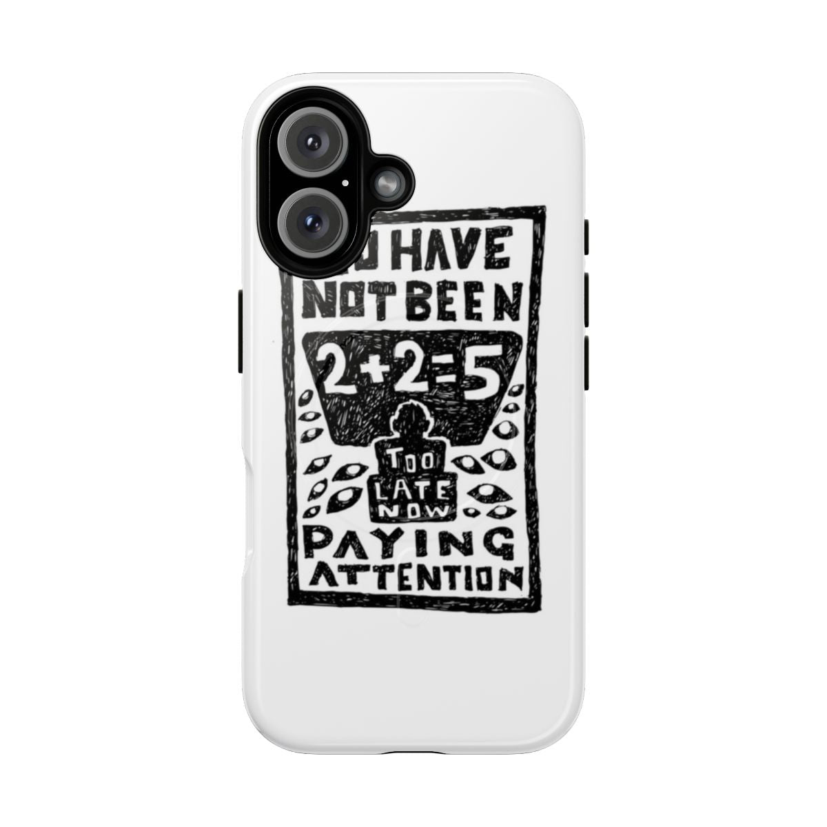 Radiohead-inspired phone case with 2+2=5 illustrated lyrics design