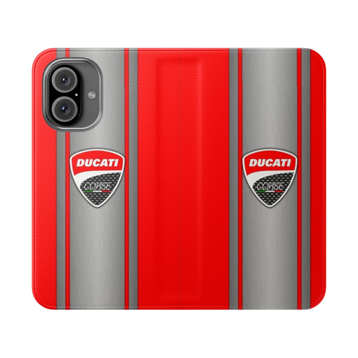 Motorcycle racing-inspired phone case featuring the Ducati logo and design elements