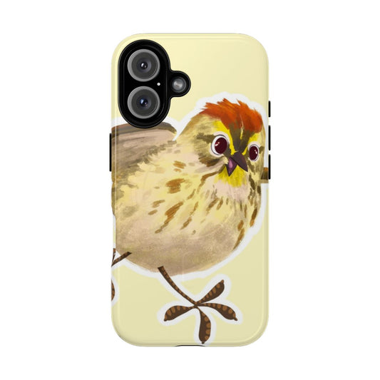 Illustration of a cute, cartoon palm warbler bird on a durable phone case