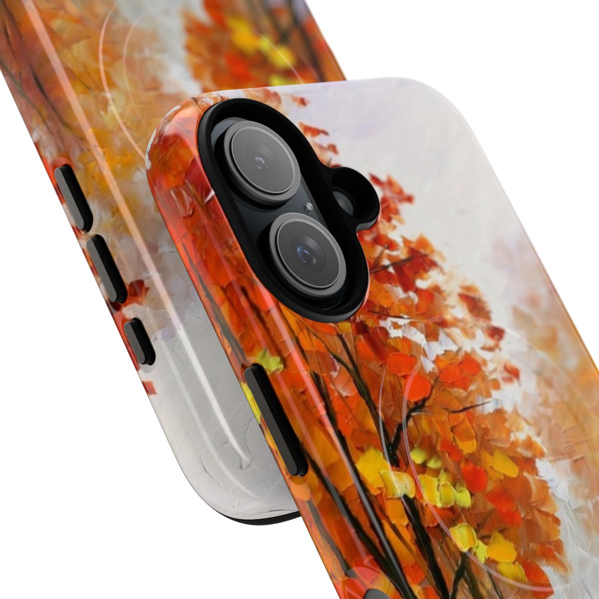 Artistic phone case featuring a colorful Leonid Afremov-style foggy forest landscape - Detail