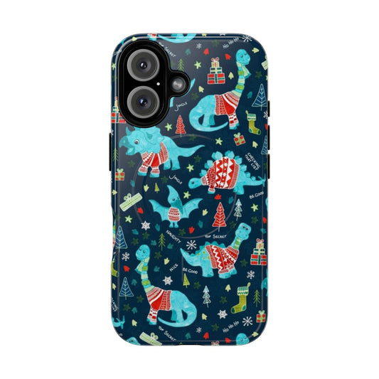 Dinosaurs wearing cozy holiday sweaters on a magnetic tough phone case