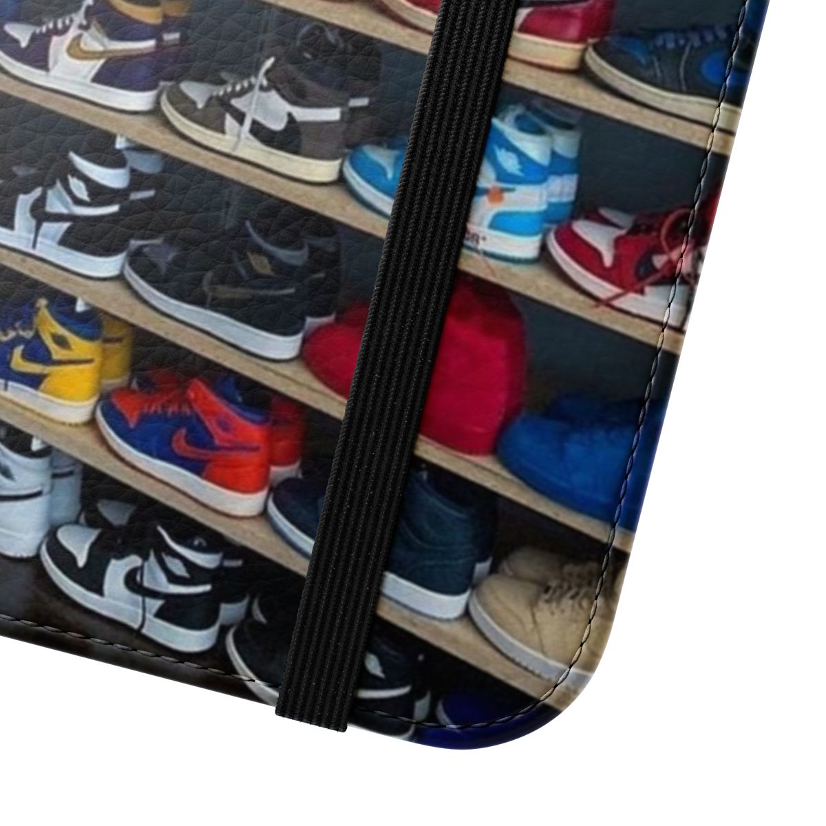 Flip cover phone case with a stylish design inspired by popular sneaker collections - Close Up