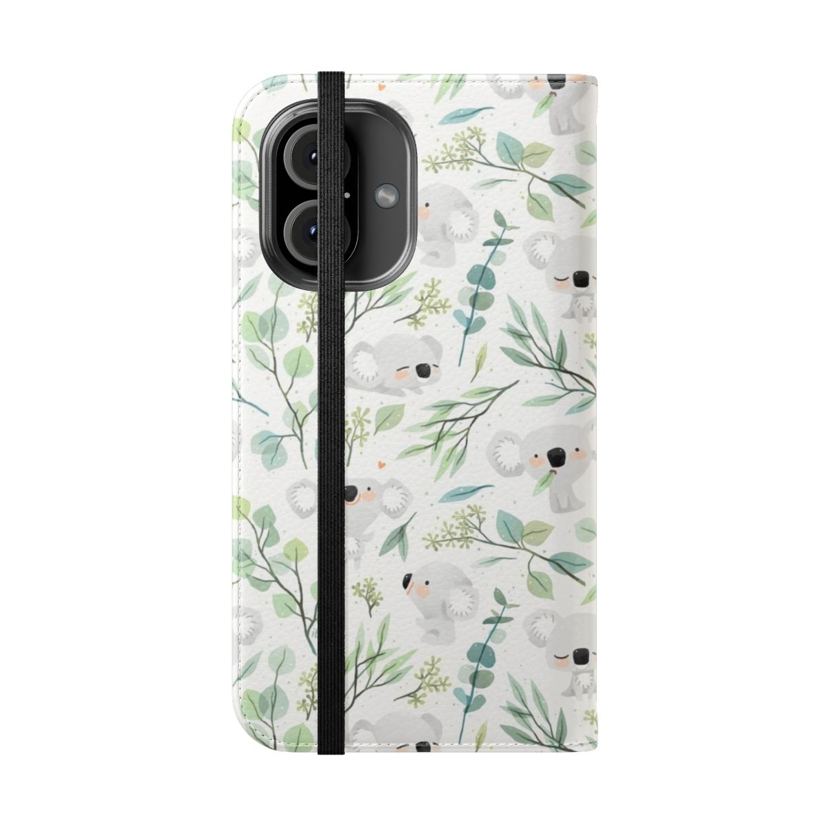 Whimsical phone case featuring a koala and eucalyptus pattern - Folded Front