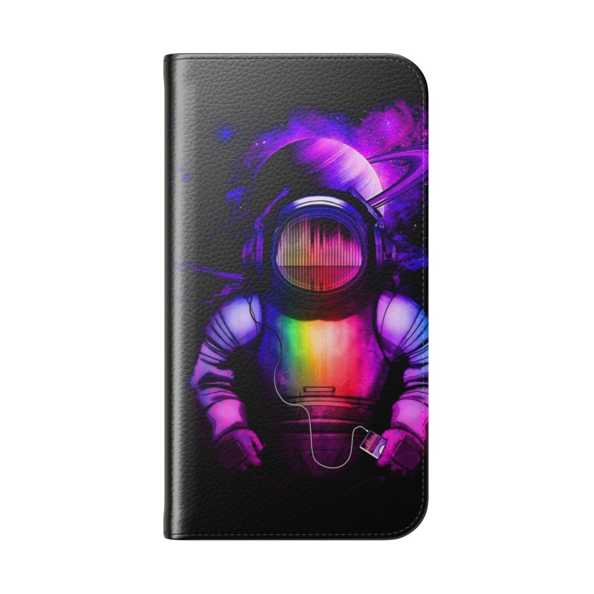 Flip cover phone case featuring a space and astronaut design with headphones and music notes. - Folded Back