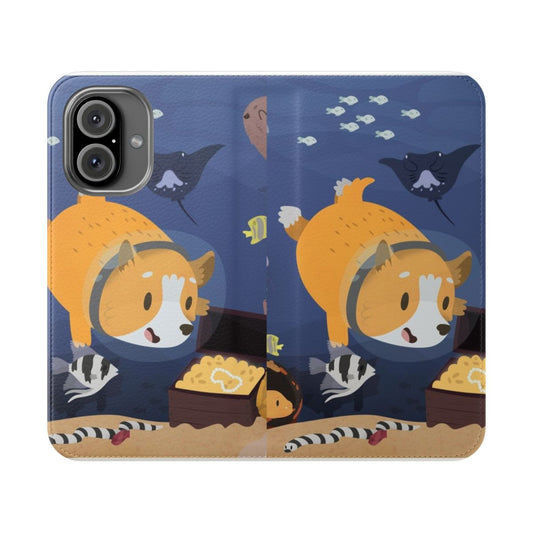 Vibrant phone case design featuring a corgi dog diving underwater among sea life and coral reef