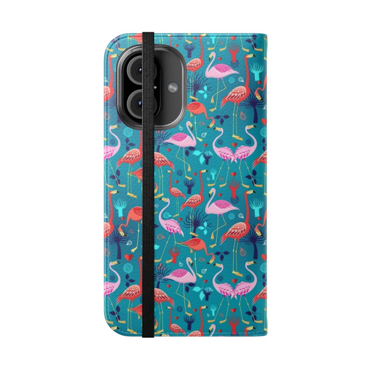 Colorful flamingo pattern phone case with tropical leaves and hearts - Folded Front