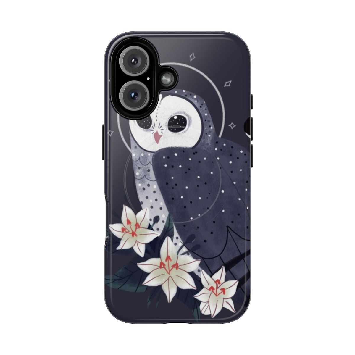 Closeup of a sooty owl on a magnetic phone case with intricate designs