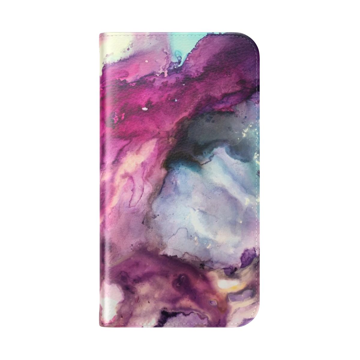 A vibrant, abstract mixed media painting in shades of purple and pink with fluid, galaxy-inspired designs, printed on a phone case. - Folded Back