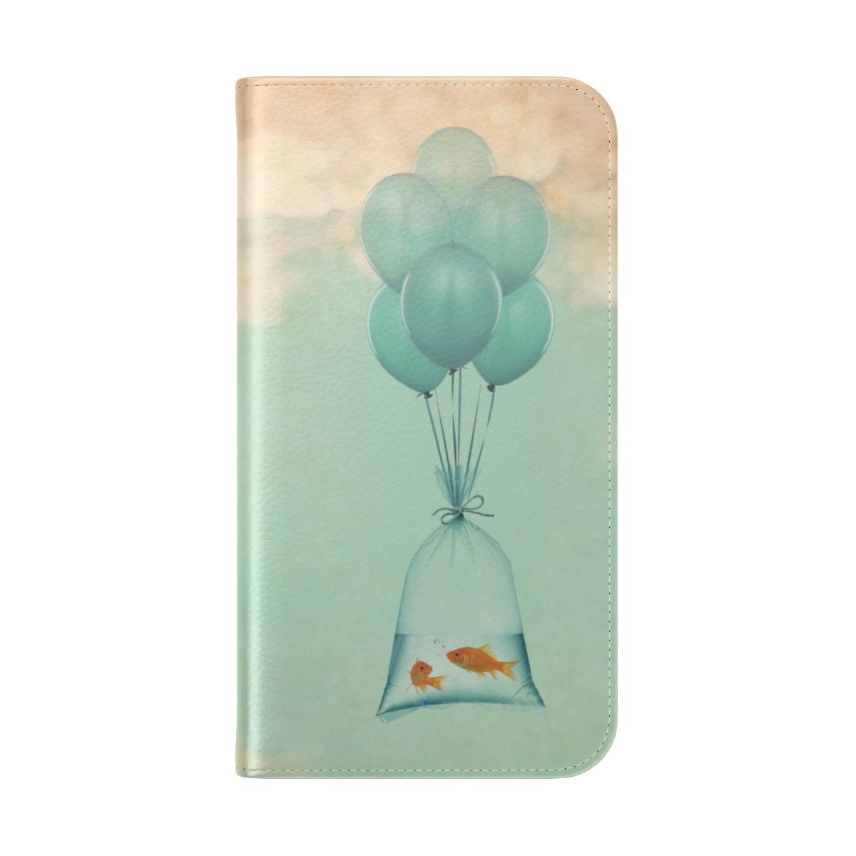 Whimsical phone case cover with illustrated goldfish and hot air balloons floating in a cloudy sky - Folded Back