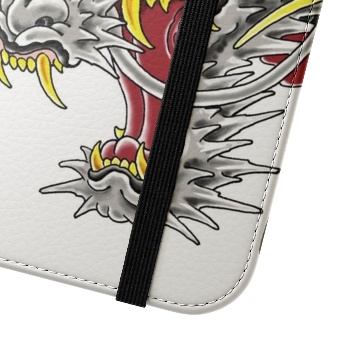 Horizontal flip cover phone case featuring a Yakuza-inspired tattoo design, including the iconic "Hanya" mask and Kazuma Kiryu's dragon tattoo. - Close Up