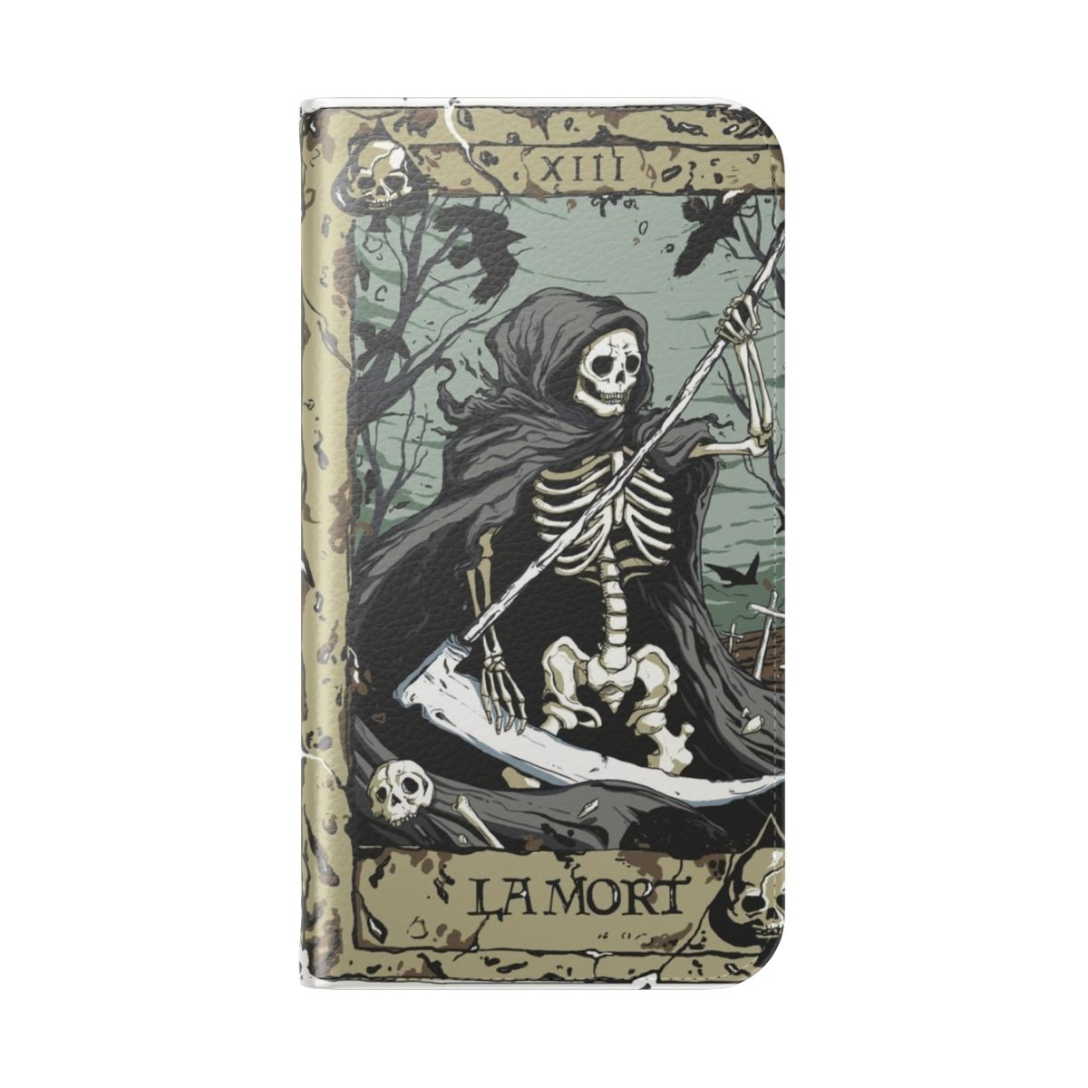 Flip cover phone case with a dark tarot card and skull design - Folded Back