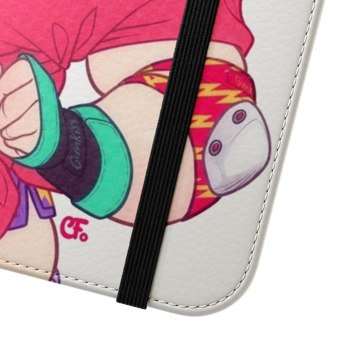 Vibrant retro-style flip phone case with roller derby and 80s inspired design - Close Up