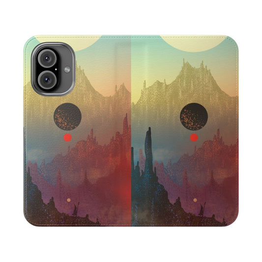 Cosmic fantasy phone case with a space-themed, sci-fi design featuring mountains, planets, and glowing orbs.