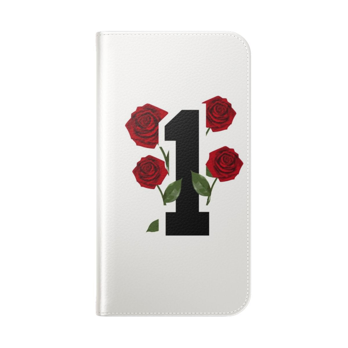 A stylish flip cover phone case featuring a floral rose design inspired by basketball player Derrick Rose's iconic number 1. - Folded Back