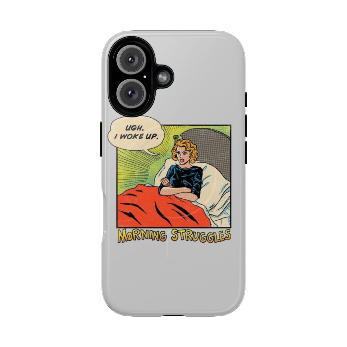 Vintage-style comic panel phone case with "Morning Struggles" design