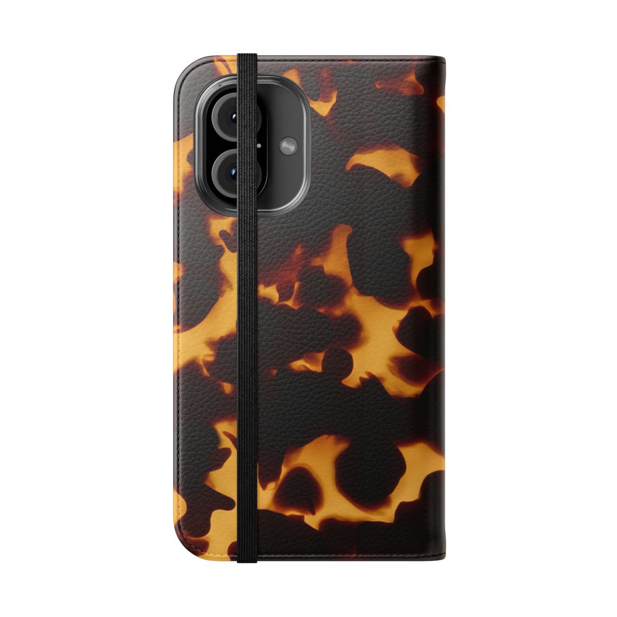 A stylish flip phone case cover featuring a textured, abstract tortoise shell design in black, white, and gold tones. - Folded Front