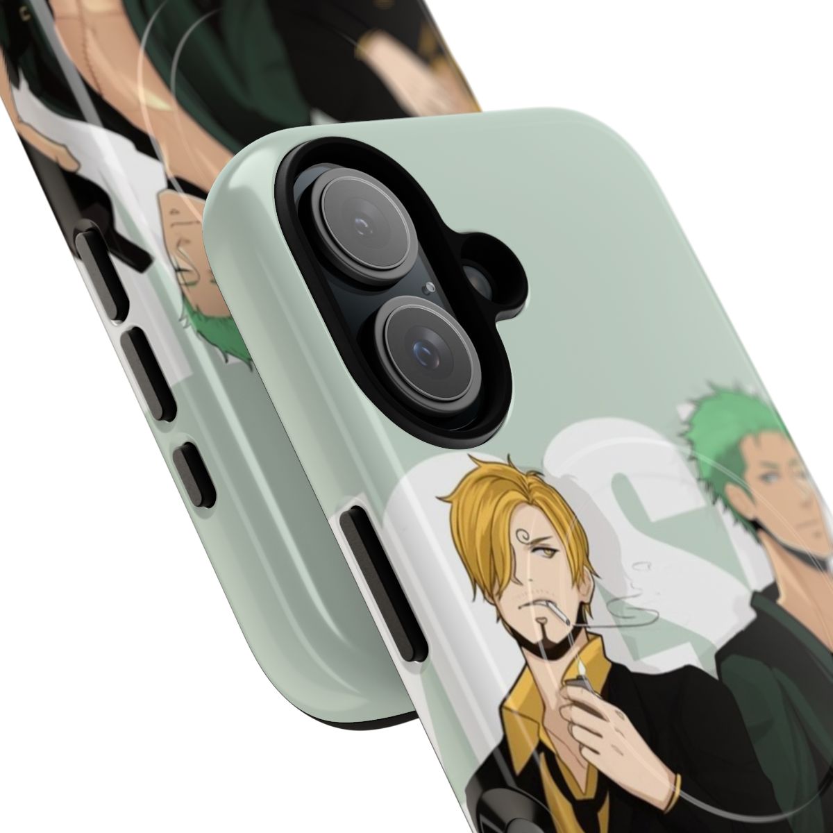 Phone case featuring an artistic depiction of the characters Zoro and Sanji from the anime/manga series One Piece. - Detail