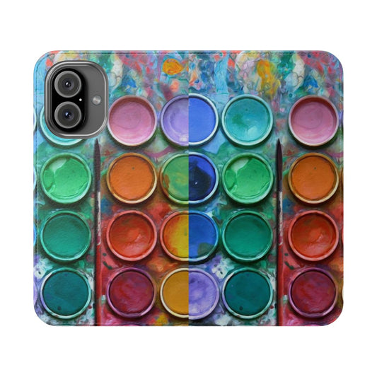 Colorful watercolor paintbox design on a smartphone flip cover