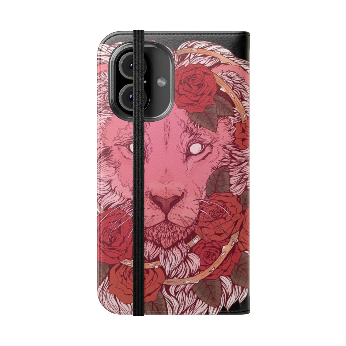 Vibrant flip cover phone case featuring a majestic lion surrounded by delicate roses and crystal gems. - Folded Front