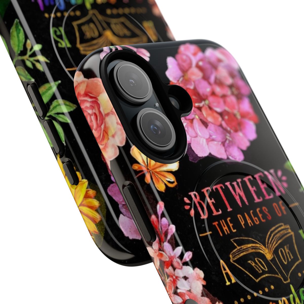 A stylish black phone case with a vibrant watercolor floral design, perfect for book lovers and bibliophiles. - Detail