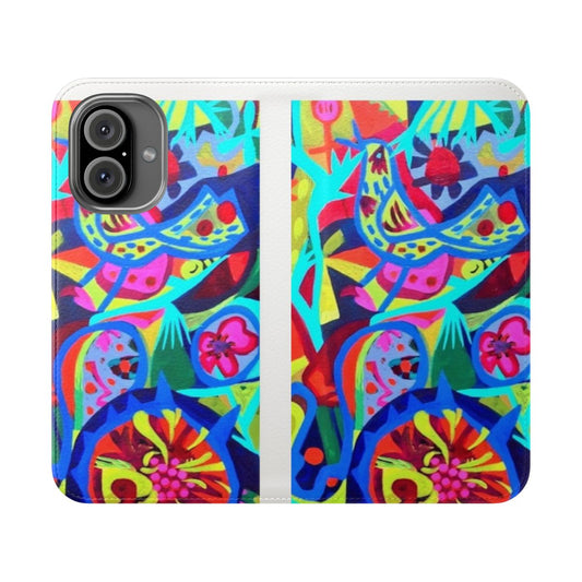 Colorful flip phone case featuring a painted bird design in shades of blue and pink.