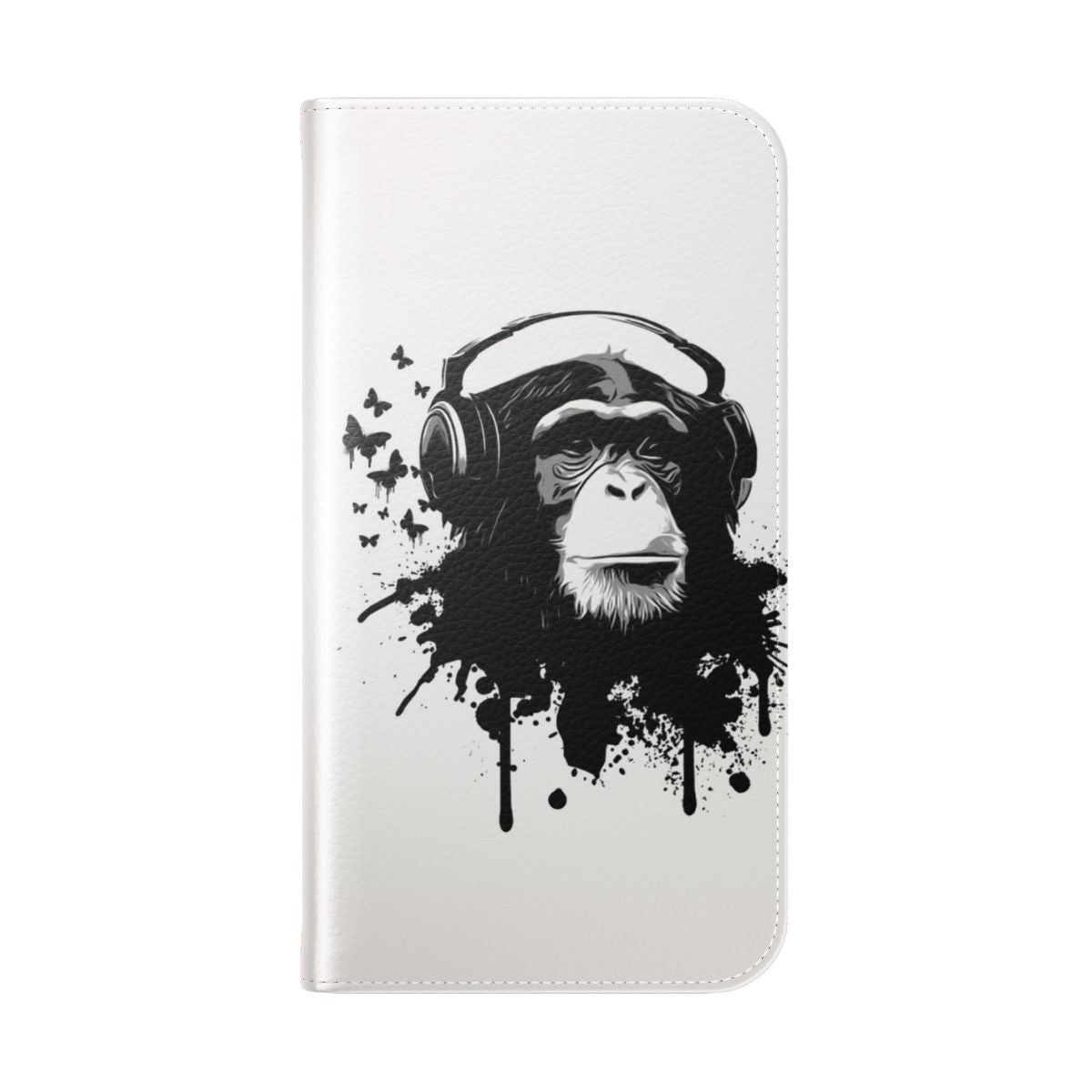 Colorful flip phone case featuring a playful monkey design with splashes of paint and butterflies. - Folded Back